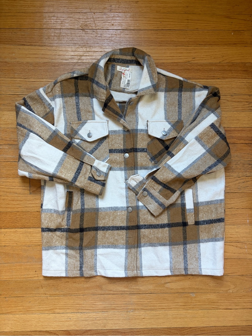 Plaid Button-Front Shacket Jacket - Tan & White